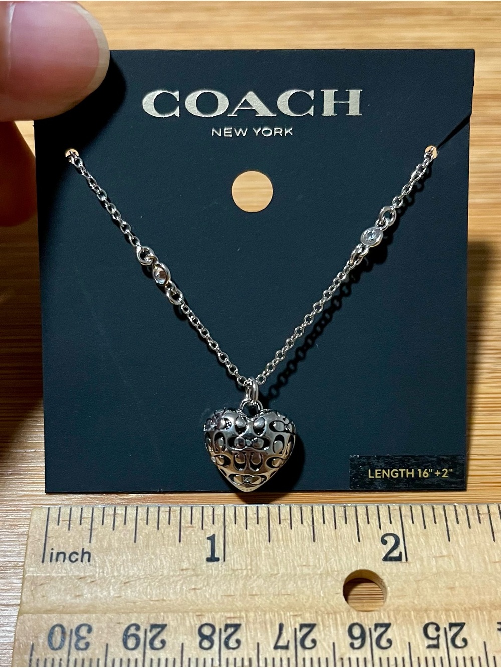 Coach Silver Tone 3D Heart Charm Pendant Necklace w/ Crystals Signature C Logos